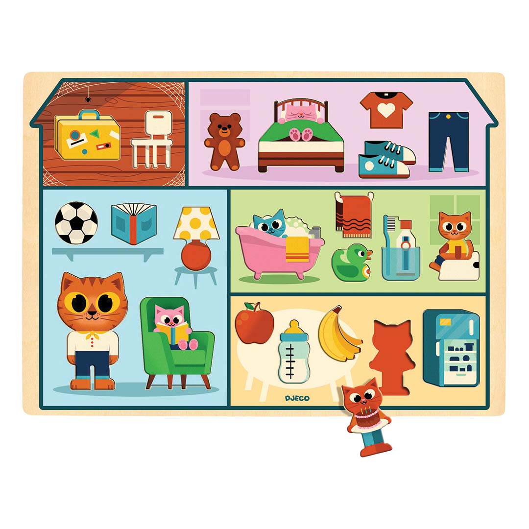 Djeco houten puzzel Puzzlo House met alle kattenfiguren en huiselijke voorwerpen op hun plek.