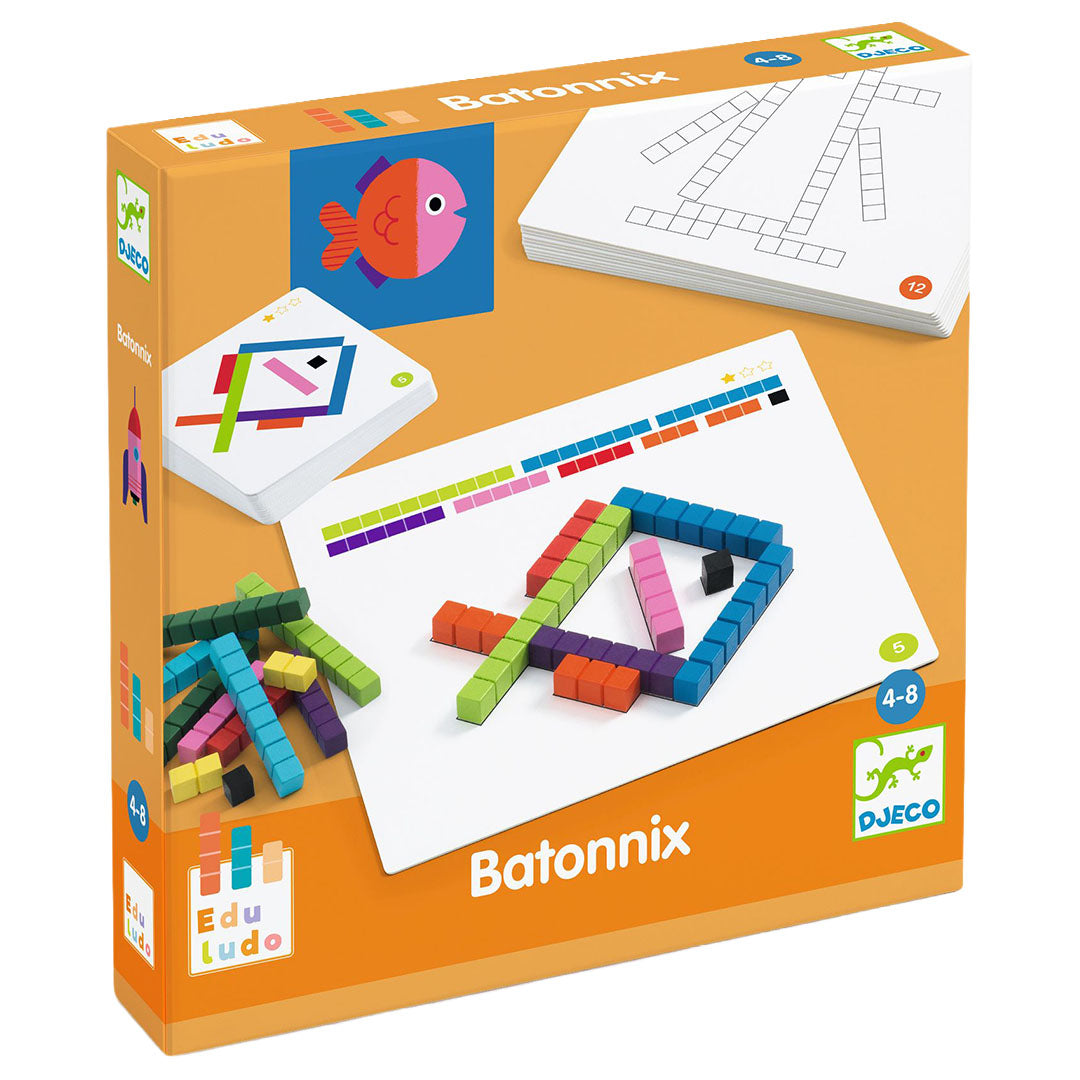 Djeco Batonnix reproductiespel verpakking met voorbeelden van kleurrijke houten blokken en patroonkaarten.