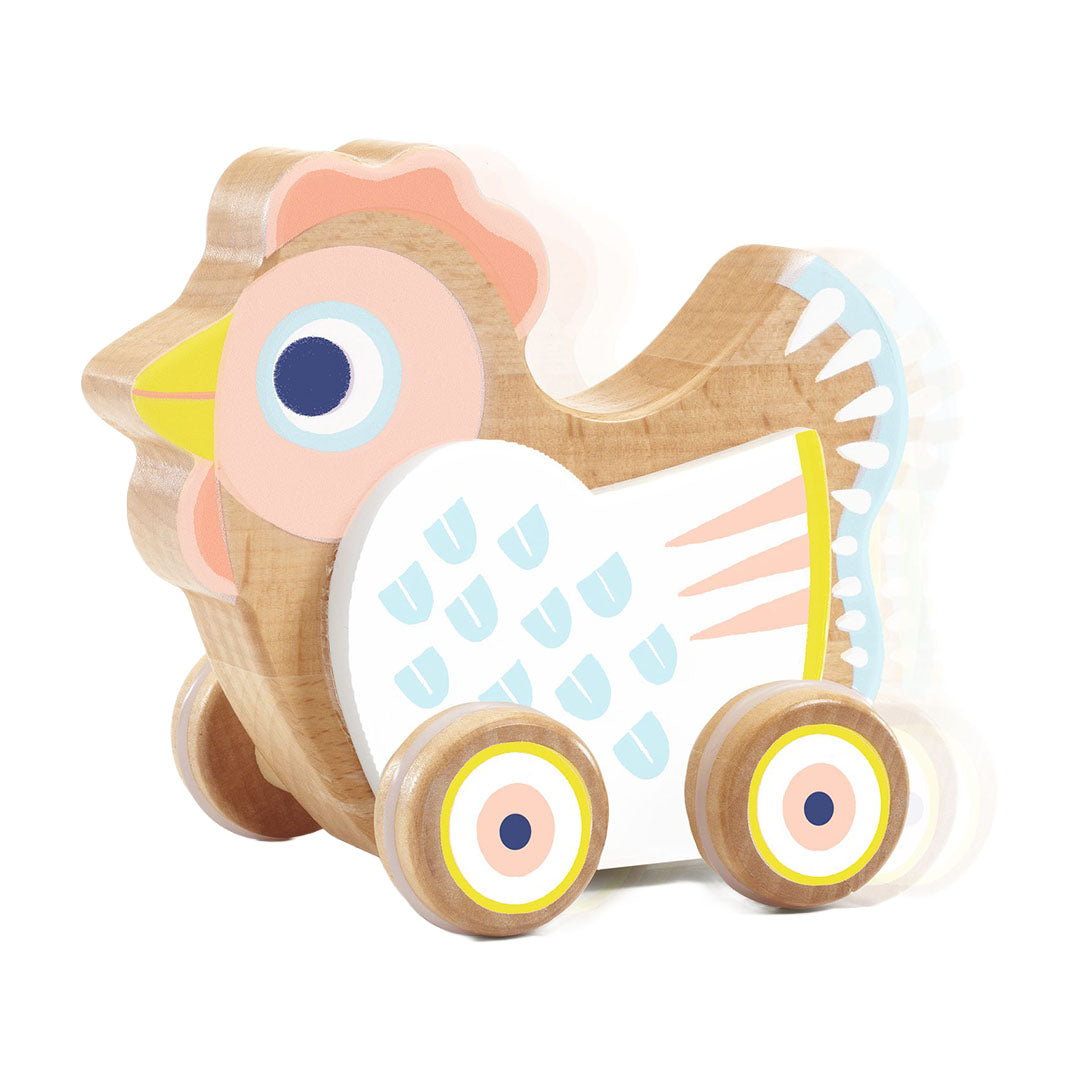 Djeco houten rijdend muziekfiguur in de vorm van een kip met wielen en bewegingseffect.