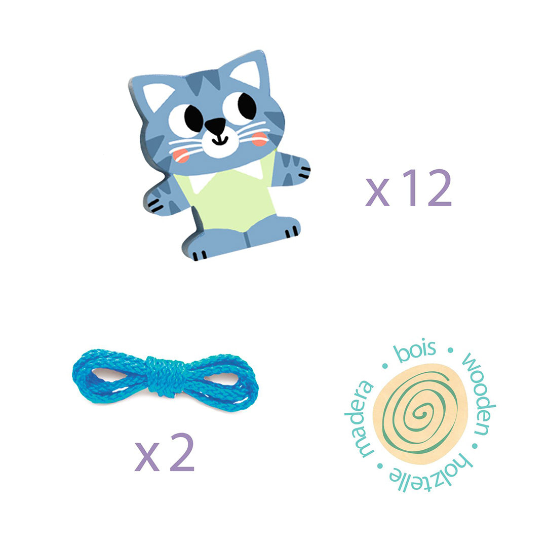 Infographic van de Djeco rijgkralen met een kattenkraal, twee touwen en een houten icoon.
