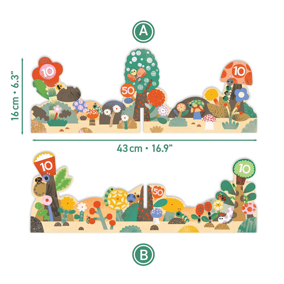 Infographic van het Djeco Gardino ringwerpspel met de afmetingen van de twee houten speelborden.