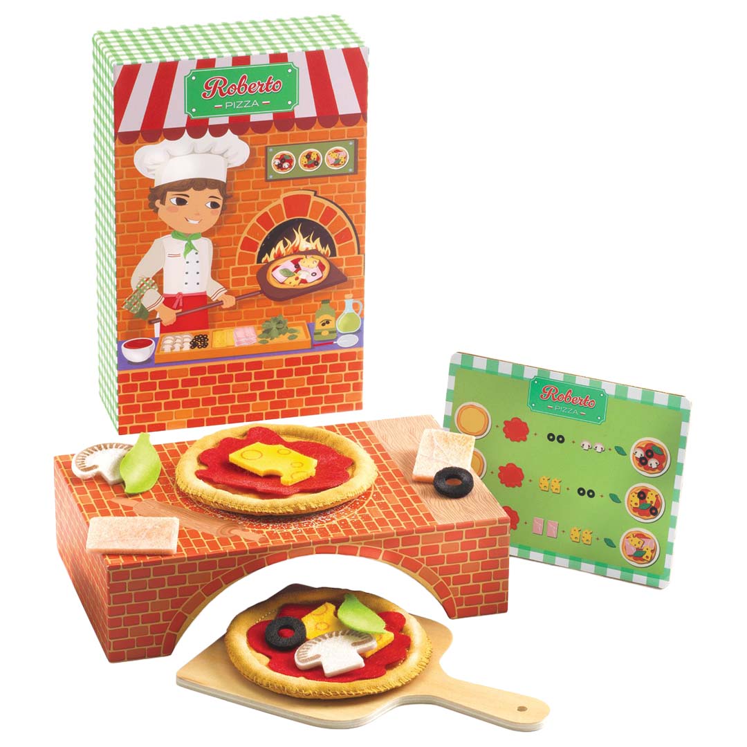 Djeco Roberto Pizza speelgoedset met kartonnen oven, twee belegde viltpizza's, een pizzaschep en een menukaart.