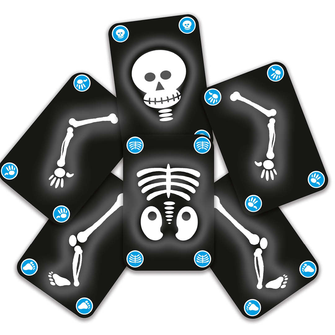 Vijf zwarte speelkaarten van het Bogoss ruilspel met witte skeletdelen en blauwe icoontjes.