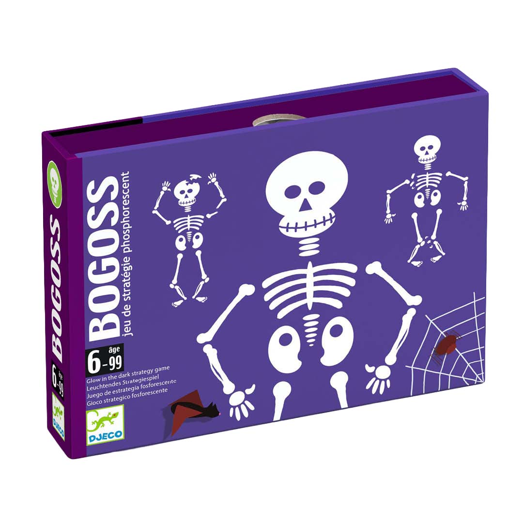 Djeco Bogoss ruilspel verpakking met glow-in-the-dark skeletten op een paarse achtergrond.