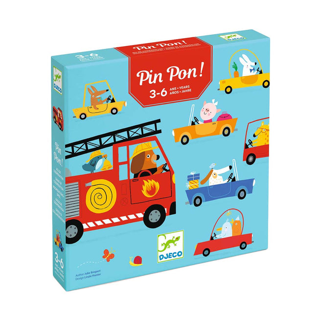 Djeco Pin Pon! bordspelverpakking met een brandweerwagen en dieren in diverse auto's.