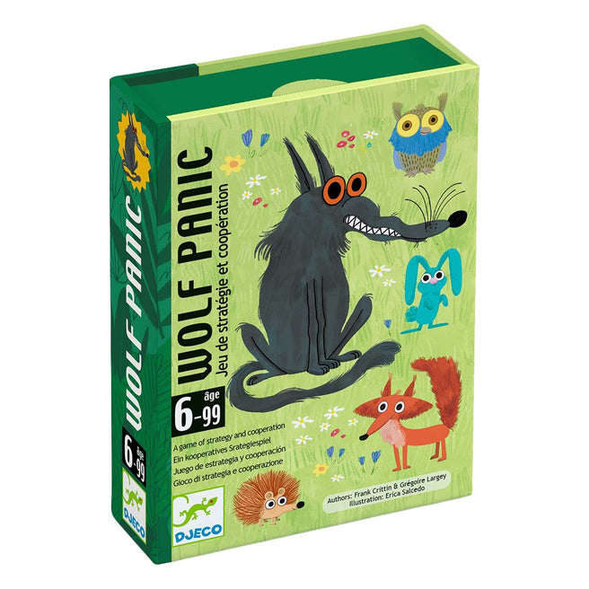 Djeco samenwerkingsspel Wolf Panic verpakking met illustraties van een wolf en andere bosdieren.