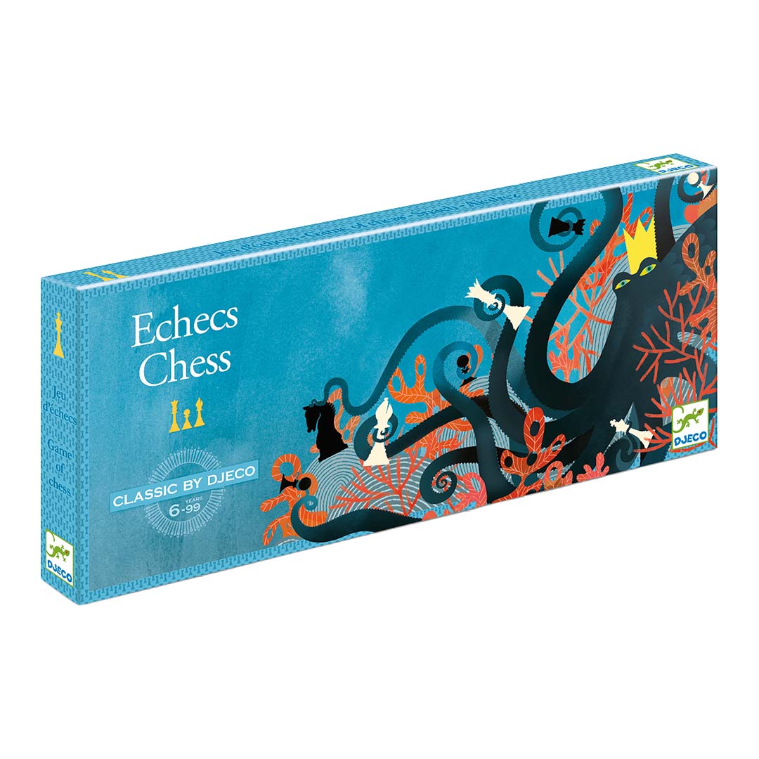 Djeco schaakspel verpakking met een blauw onderwater thema en een octopus.