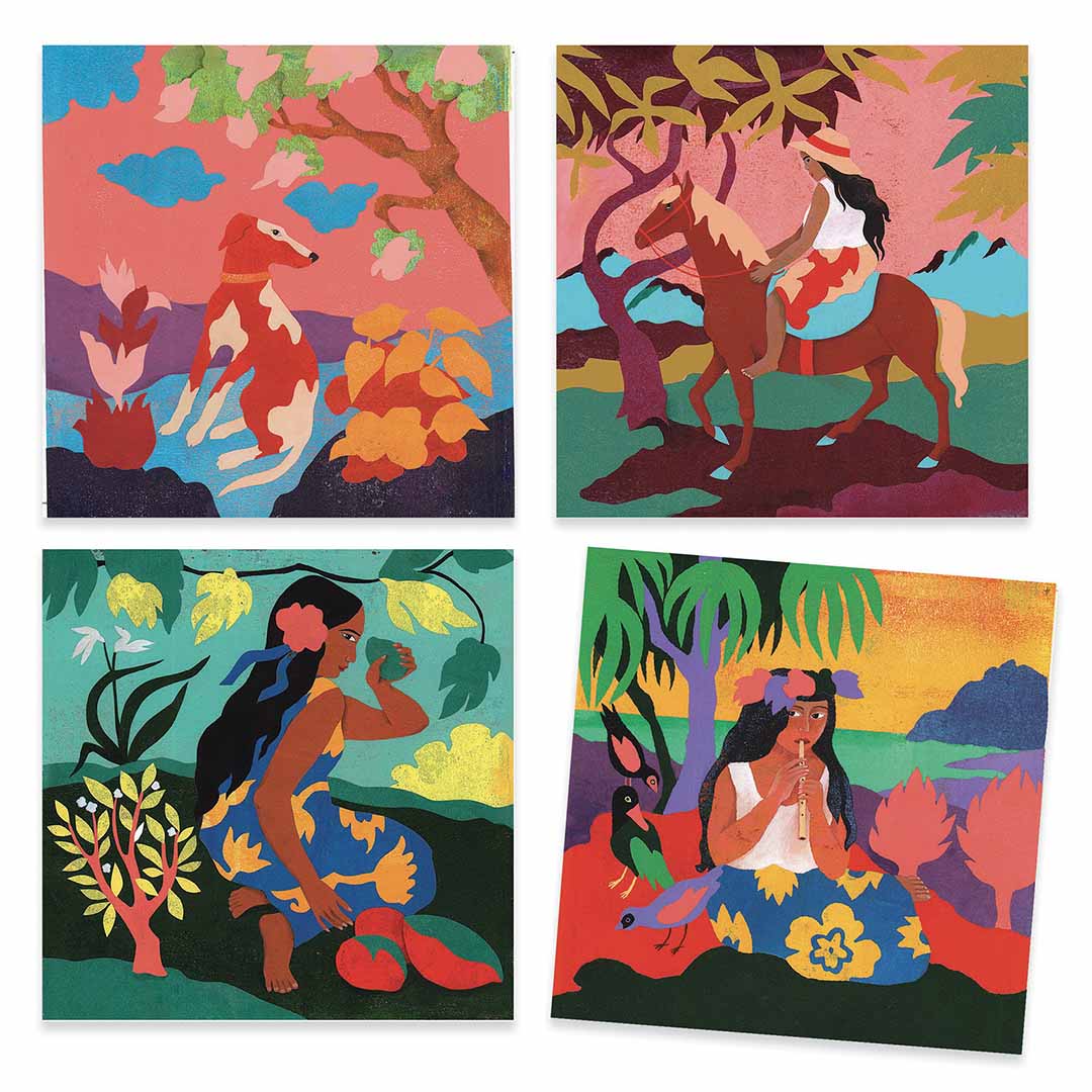 Vier voltooide schilderkaarten van de Djeco schilderset met Polynesische taferelen.
