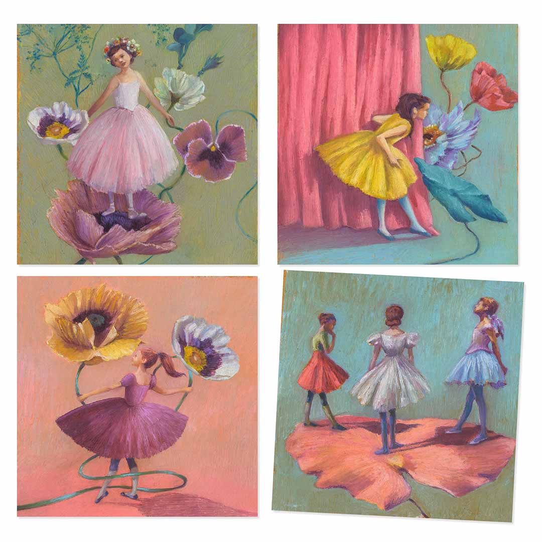 Vier verschillende Djeco schilderijen van ballerina's tussen bloemen, in de stijl van Edgar Degas.