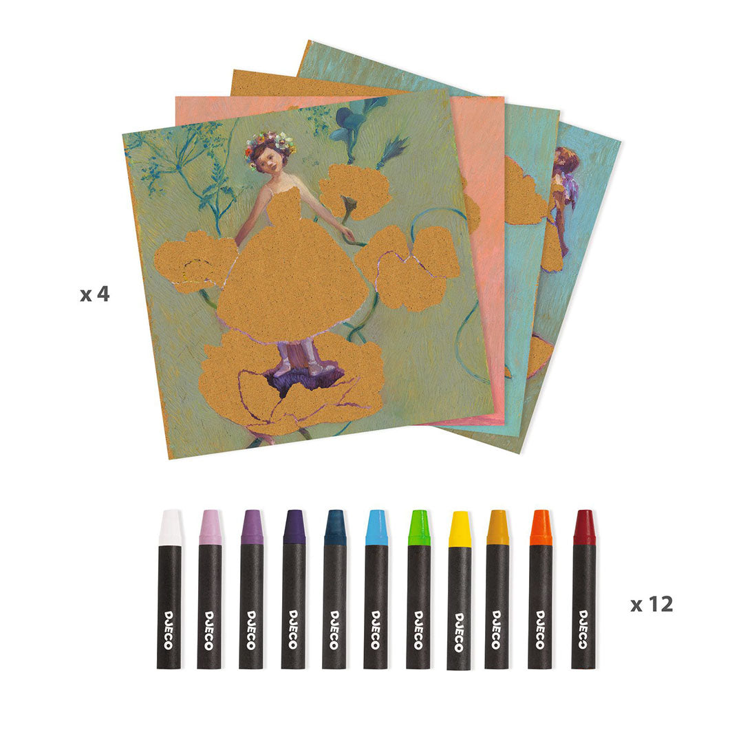 De inhoud van de Djeco hobbyset met vier voorbedrukte kaarten van ballerina's en bloemen, en twaalf waskrijtjes.