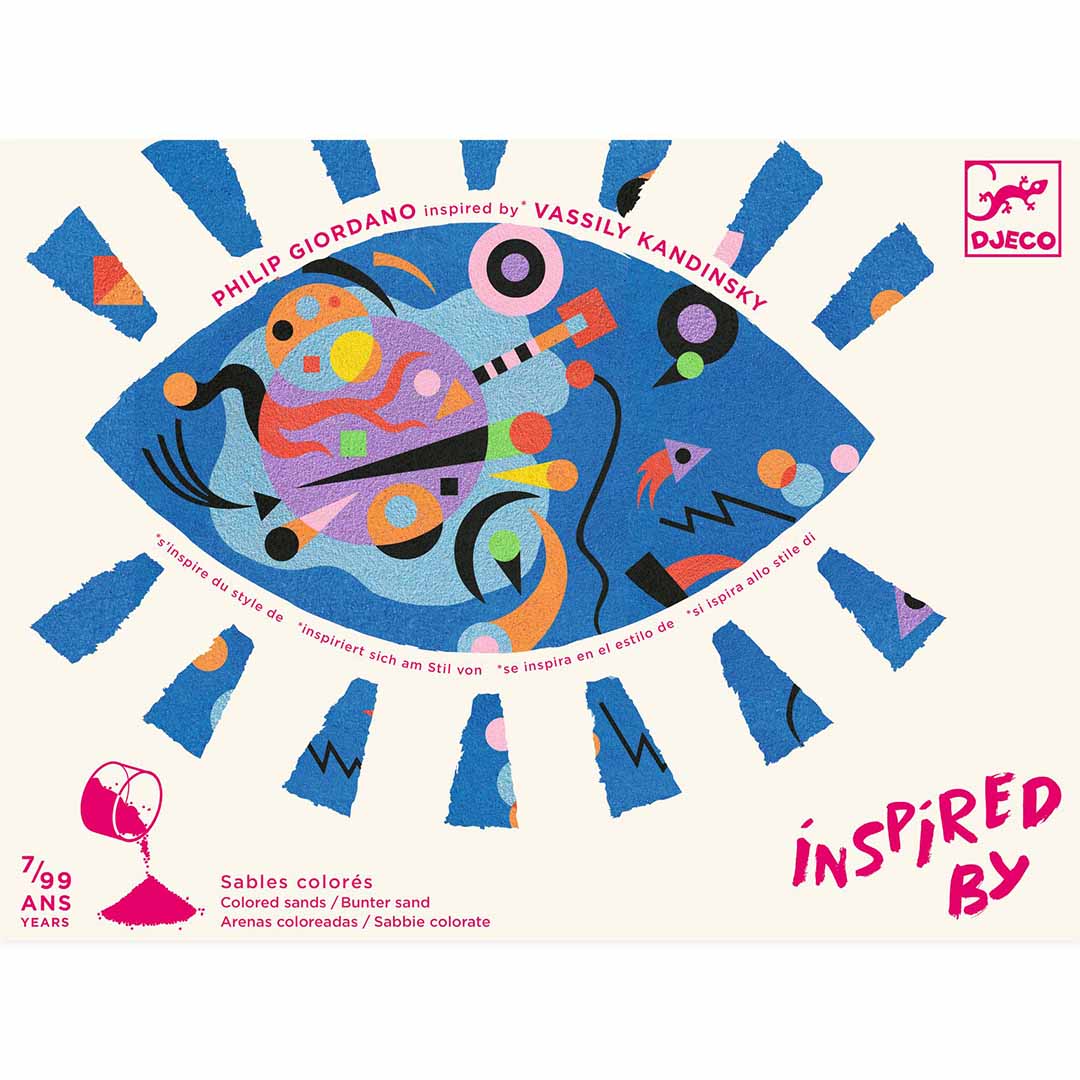 Djeco verpakking van een zandkunstset met een abstract oogontwerp geïnspireerd op Kandinsky.