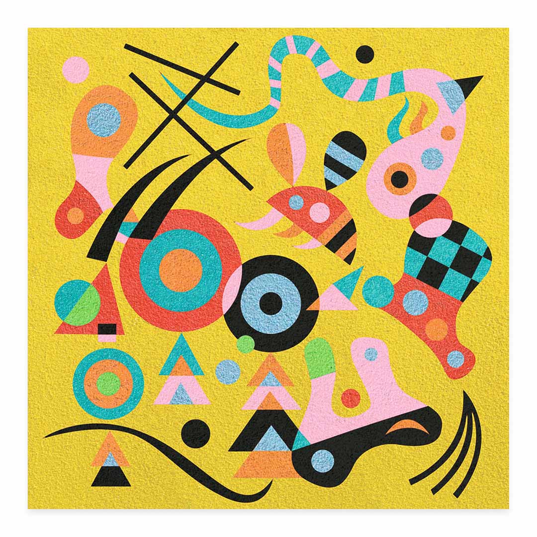 Een afgewerkt zandkunstwerk op een gele achtergrond met een abstract, geometrisch patroon.