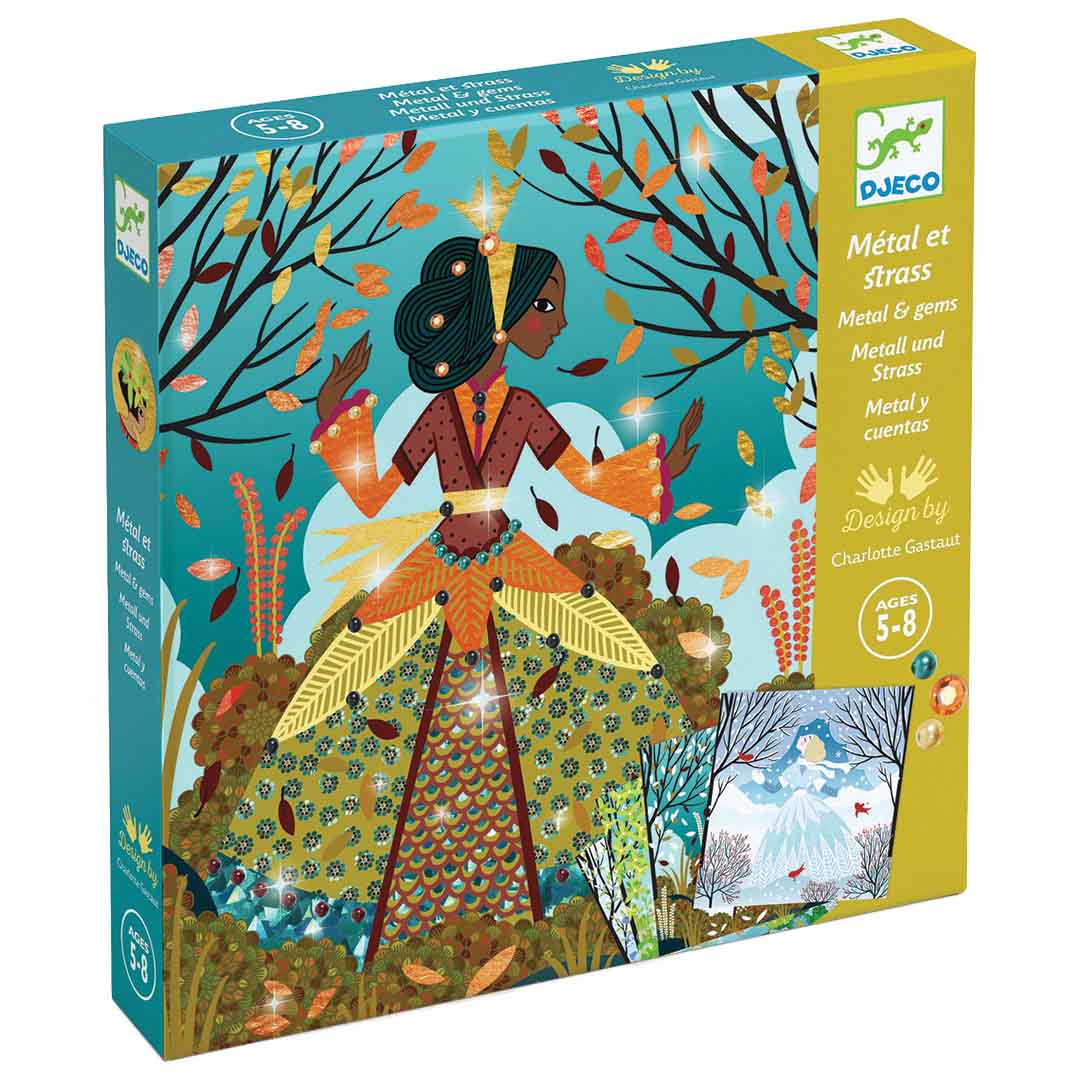 Djeco hobbyset verpakking met een illustratie van een meisje in een herfstjurk en bladeren.