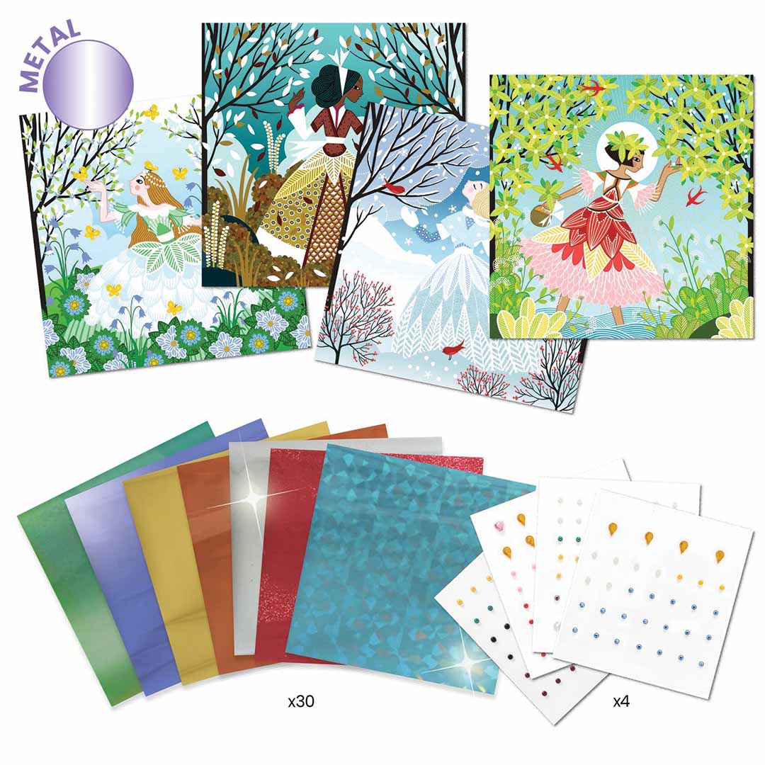 De Djeco hobbyset materialen met vier illustraties van meisjes en vellen metallic folie en gemstickers.