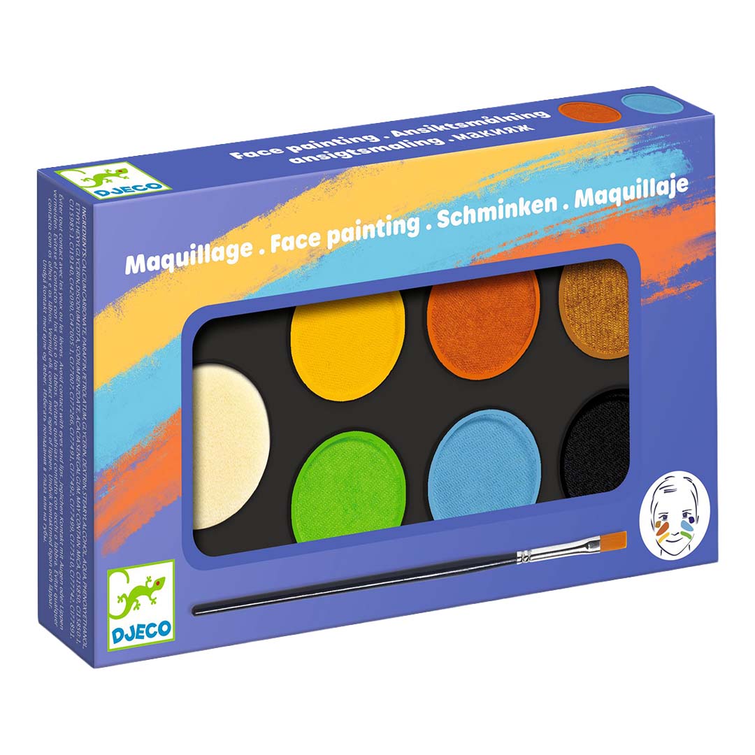 Djeco schminkset in de verpakking met zicht op zes kleuren schmink en een kwast.