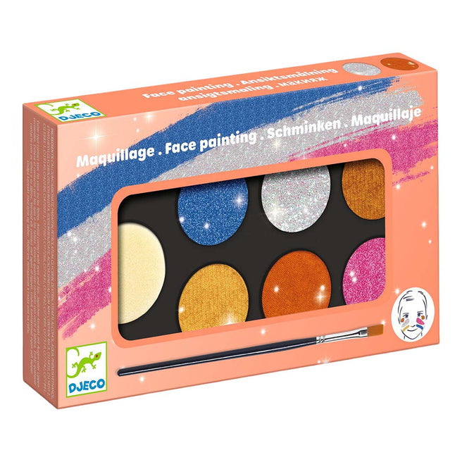 Djeco schminkset met metallic en glitter kleuren in de verpakking, met een kwast en een illustratie van een kind met schmink.
