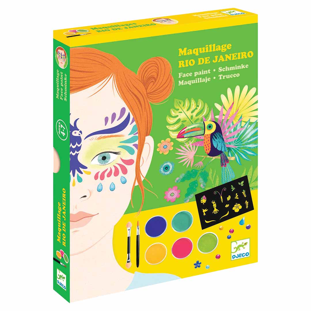 Djeco schminkset Rio de Janeiro verpakking met een meisje met gezichtsverf en tropische afbeeldingen.