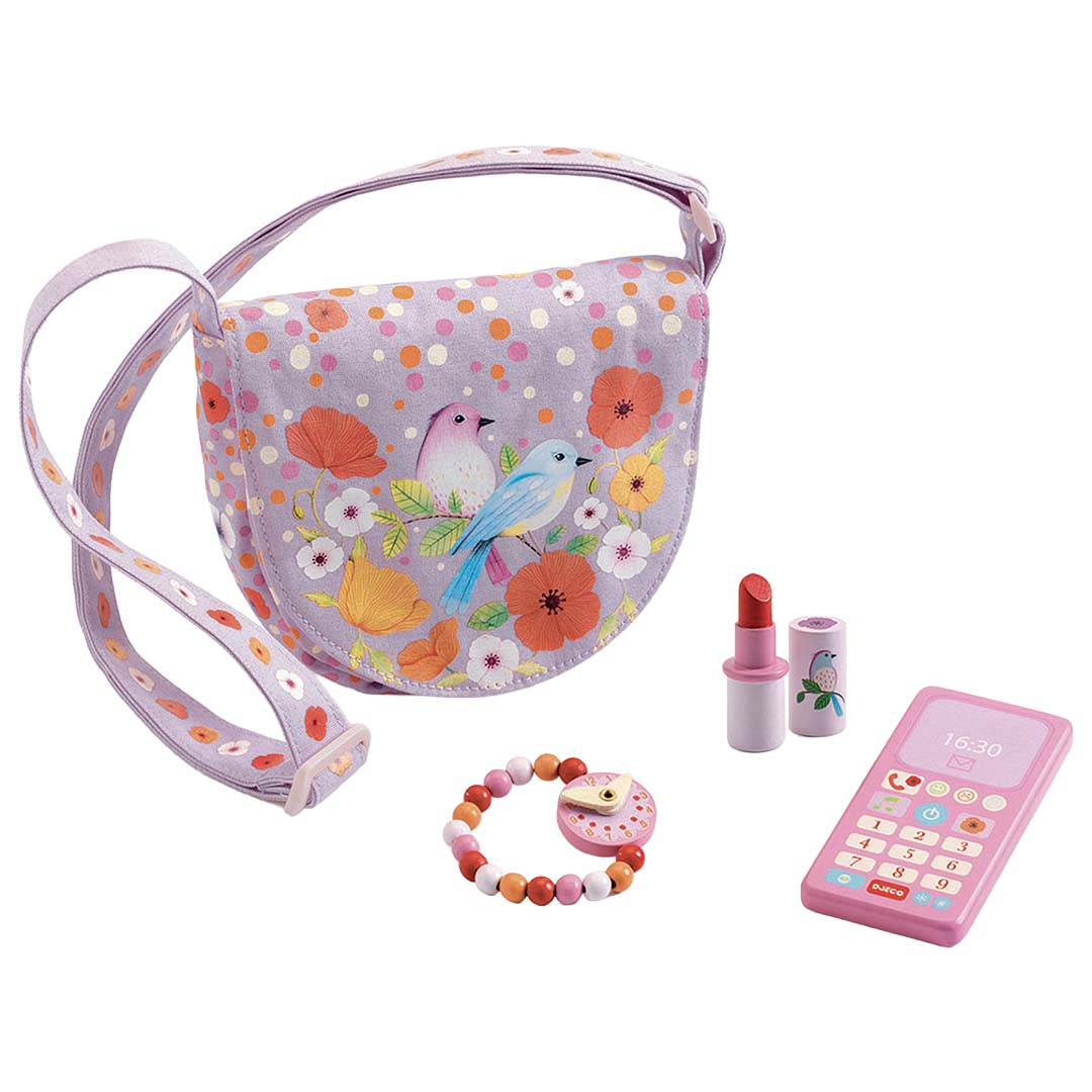 Djeco speelaccessoires set met een paars schoudertasje met vogels en bloemen, een houten armband, lippenstift en telefoon.