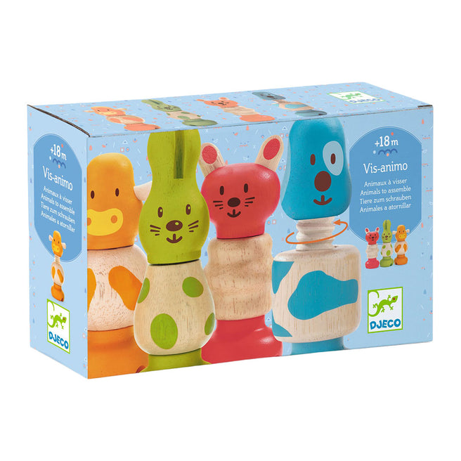 Djeco Vis-animo houten schroefdiertjes bouwset in de verpakking.