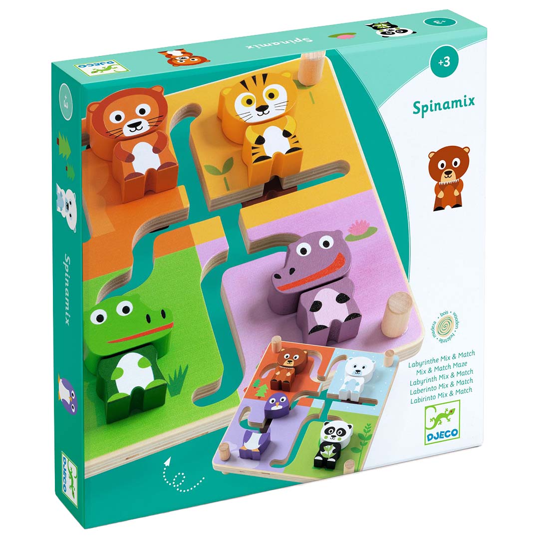 Verpakking van de Djeco Spinamix houten schuifpuzzel met dierenfiguren.