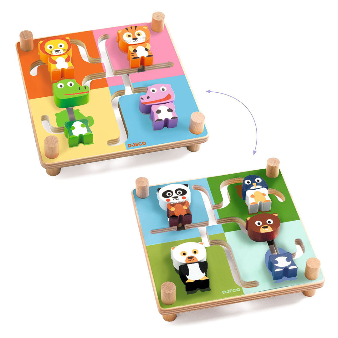 Twee Djeco Spinamix houten schuifpuzzels met verschillende dierenfiguren, die de draaifunctie demonstreren.