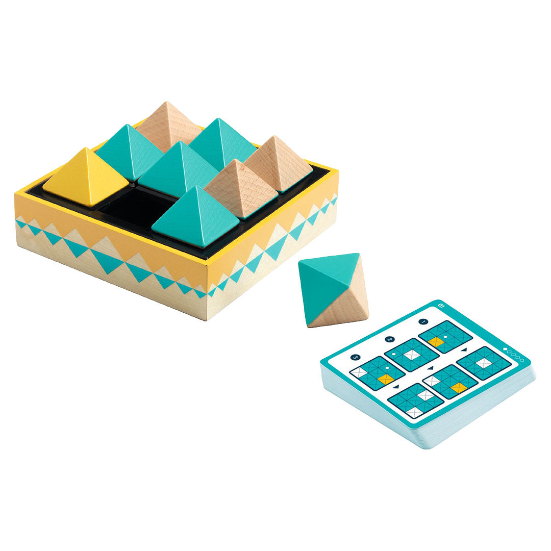Djeco Octopush schuifpuzzel met geometrische piramidestukken in een houten frame en een stapel uitdagingskaarten.