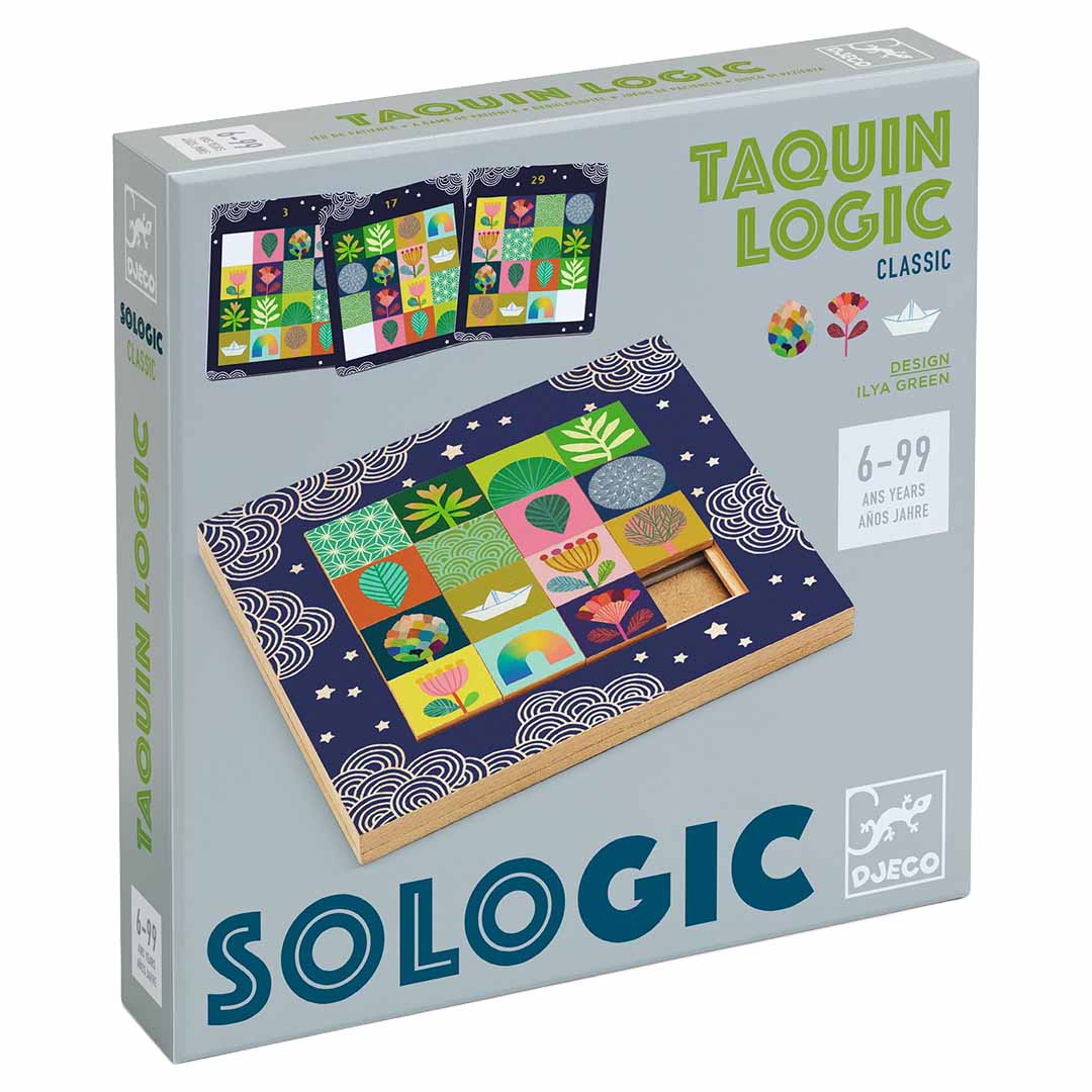 Djeco Taquin Logic Classic schuifpuzzel verpakking met kleurrijke bloem- en bladpatronen.