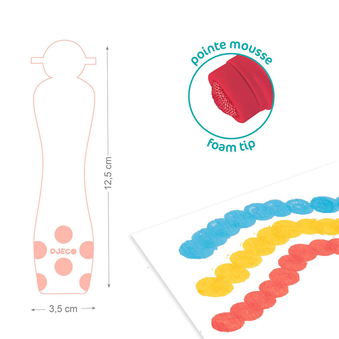 Een infographic van een Djeco schuimmarker met afmetingen en een detail van de schuimpunt.
