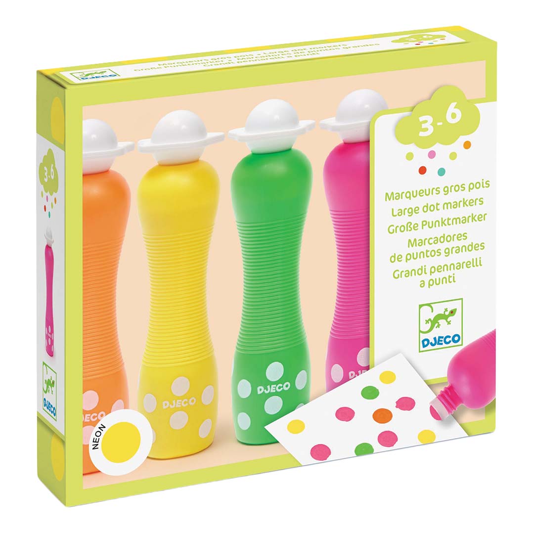 Verpakking van de Djeco neon schuimmarkers, met vier markers in oranje, geel, groen en roze.