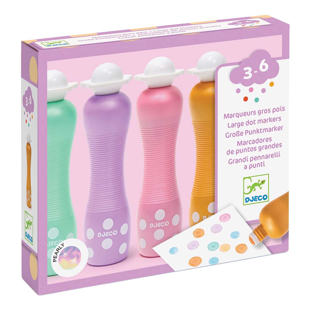 Verpakking van de Djeco schuimmarkers pearly, een set van vier pastelkleurige stippenmarkers.