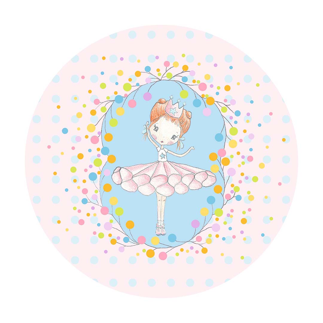 Ronde illustratie van een ballerina met kroon en roze tutu, omringd door kleurrijke stippen op een roze achtergrond.