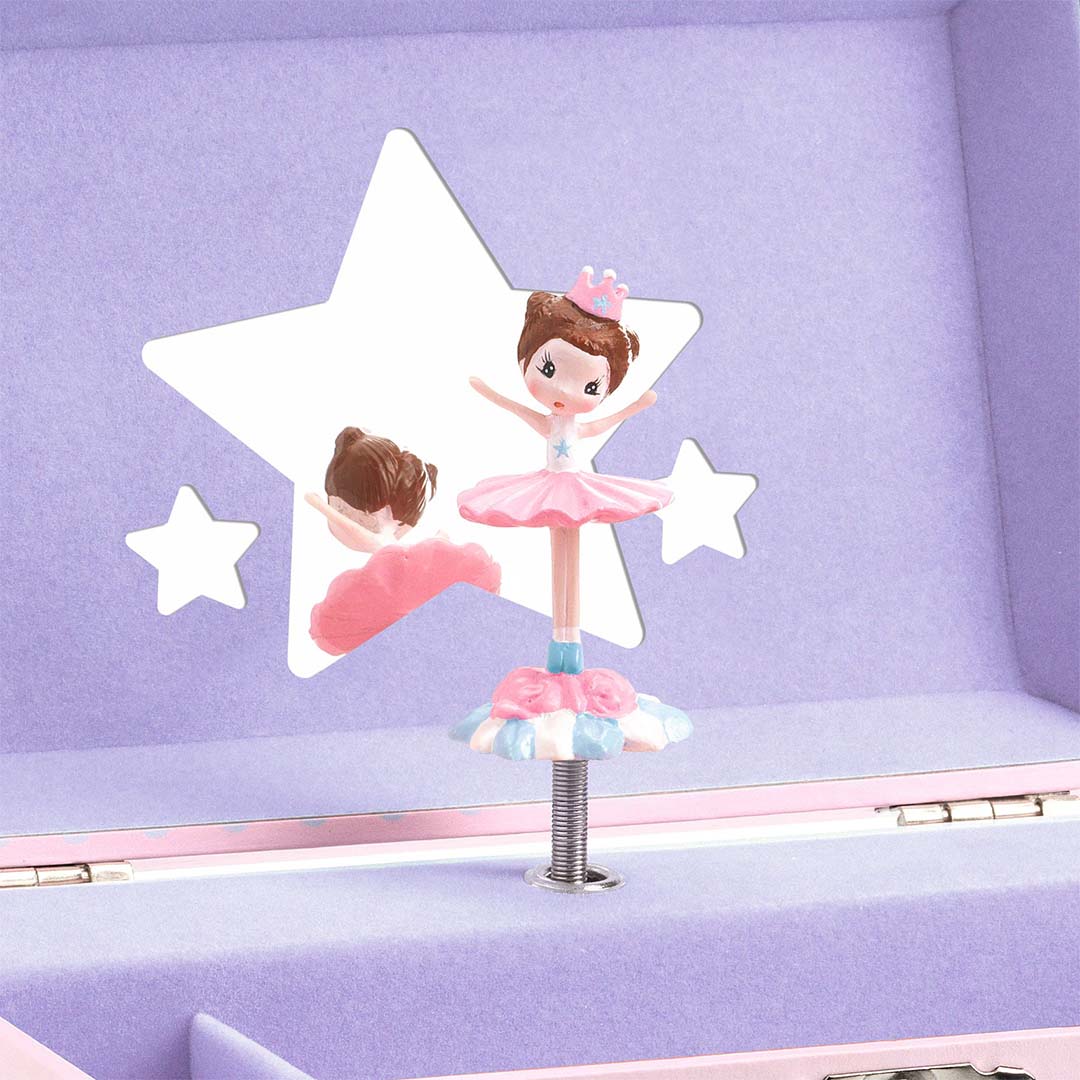 Detail van een muzieksieradendoosje met een ballerinafiguur met kroon en roze tutu, weerspiegeld in een stervormige spiegel.