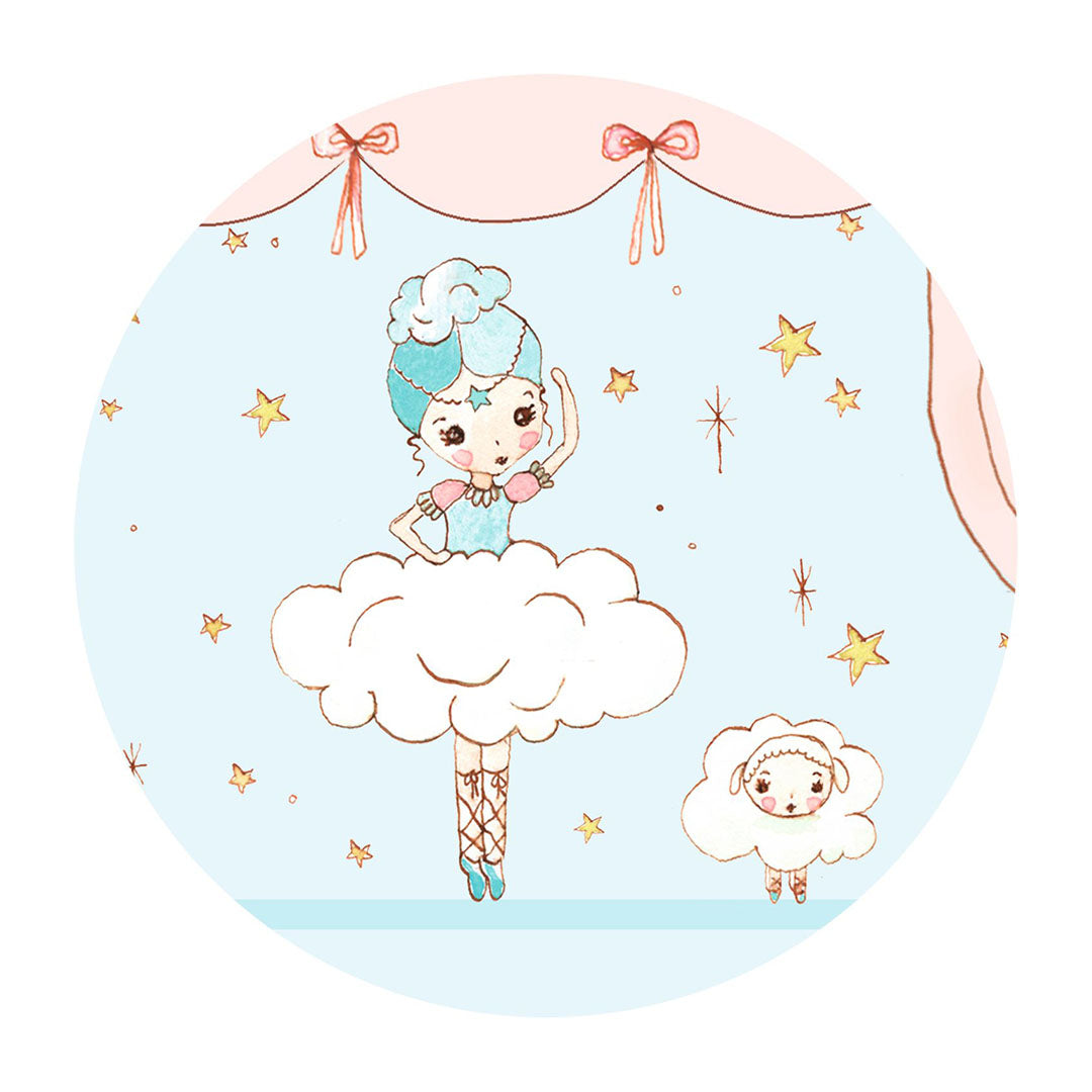 Detail van de illustratie op het Djeco muzikale sieradendoosje, met een balletdanseres op een wolk en een schaap.