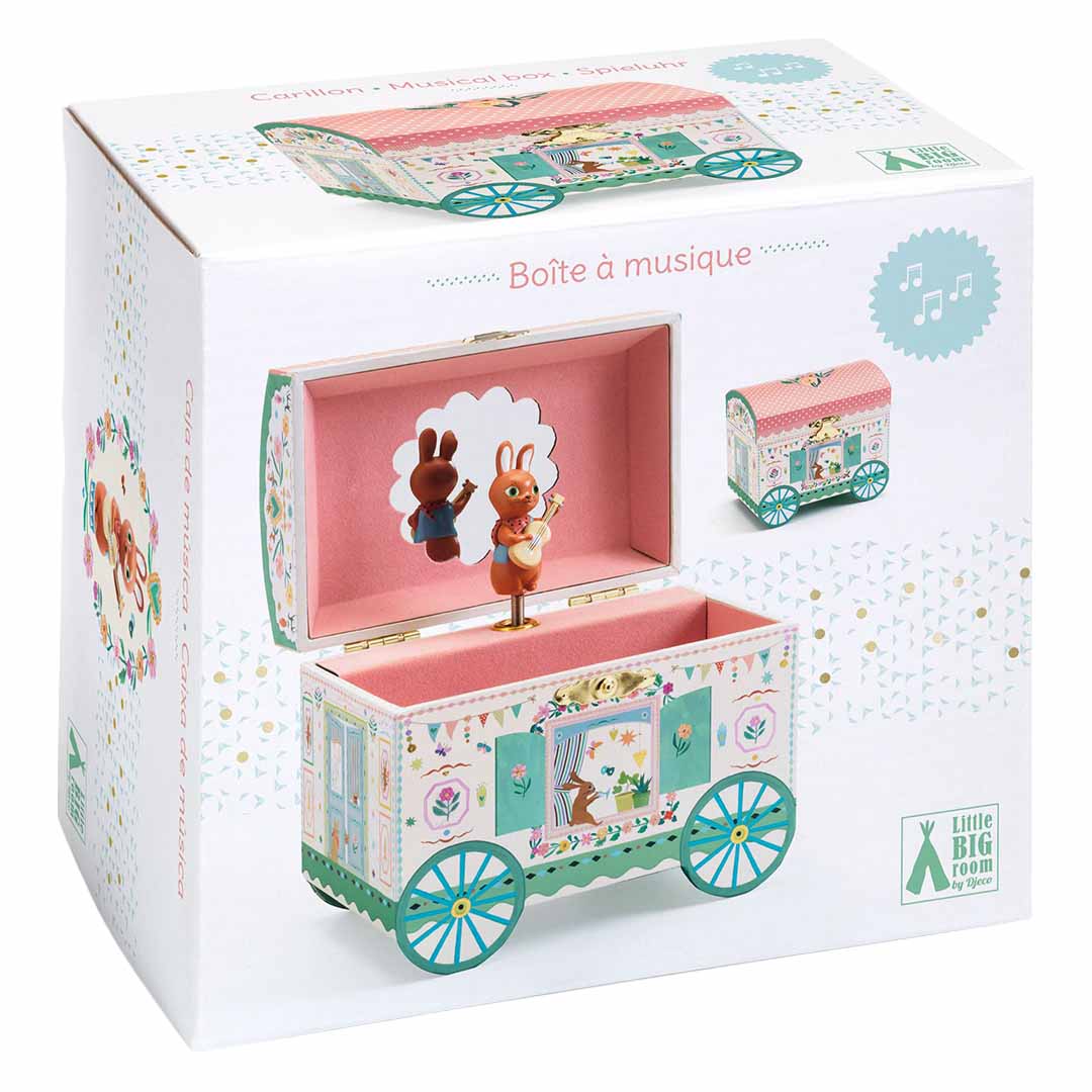 Verpakking van het Djeco sieradendoosje met muziek in de vorm van een woonwagen.