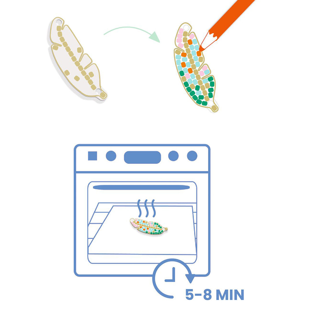 Infographic met instructies voor de DJECO DIY sieradenset, waarop te zien is hoe een plastic vorm wordt ingekleurd en vervolgens in de oven wordt gebakken.
