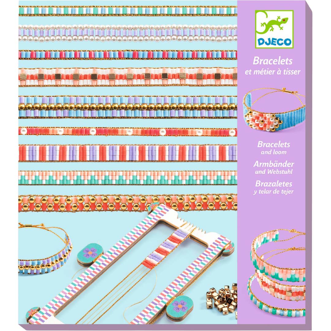 Djeco sieradenset voor kinderen met voorbeelden van geweven kralenarmbanden en een weefgetouw.