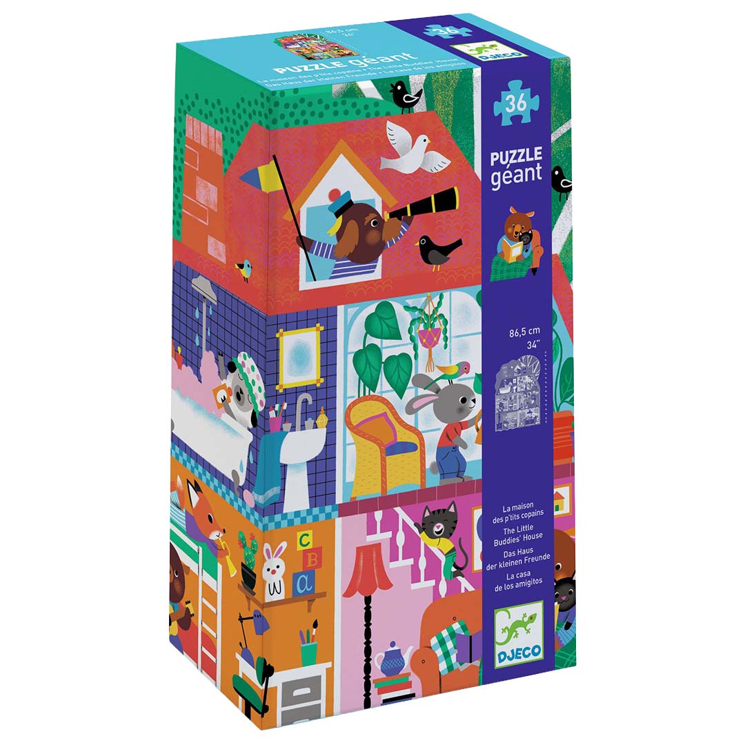 De verpakking van de Djeco silhouetpuzzel met de afbeelding van het dierenhuis.
