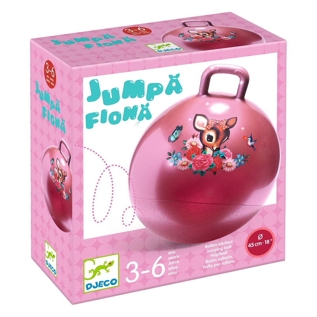 De verpakking van de Djeco roze skippybal met een afbeelding van het product en de leeftijdsaanduiding 3-6 jaar.