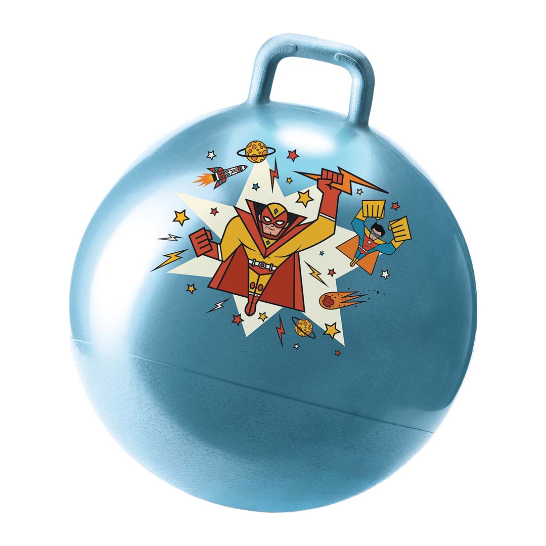 Djeco blauwe skippybal met superhelden en sterren.