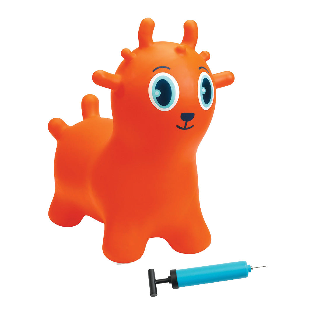 Djeco oranje opblaasbaar skippydier met een blauwe handpomp.