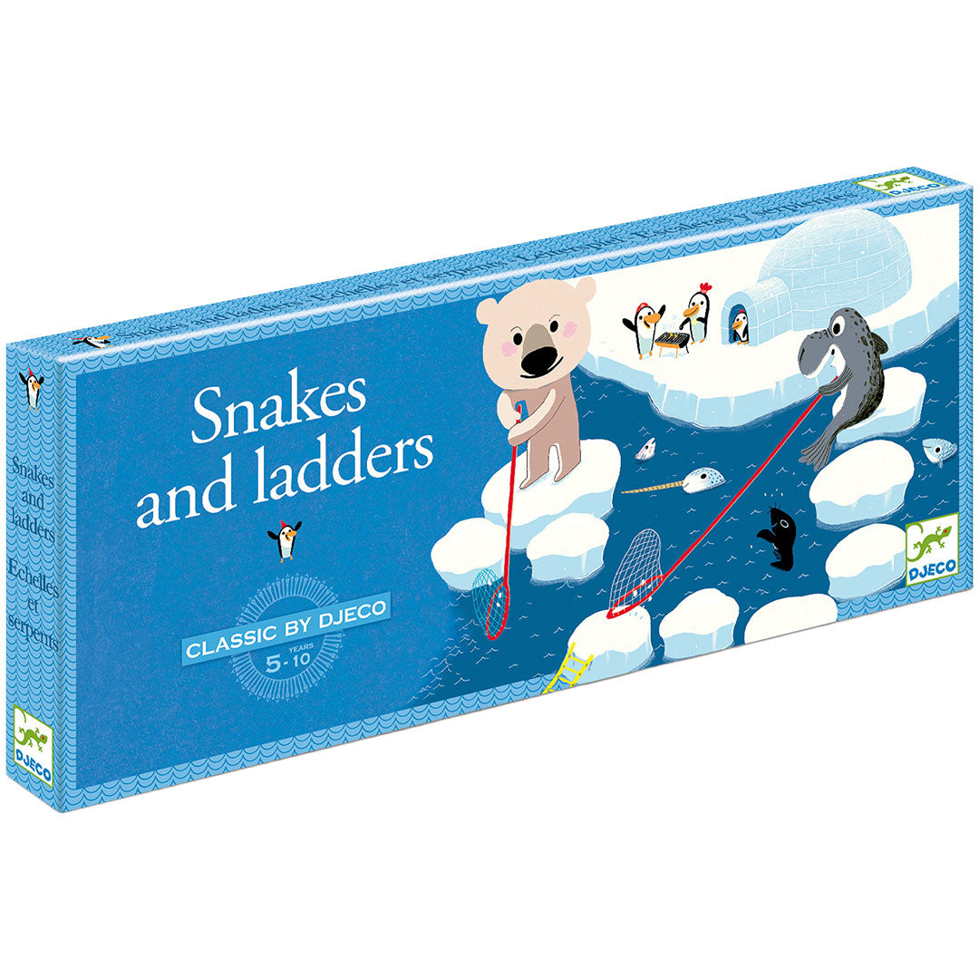 De verpakking van het Djeco slangen- en ladderspel, met de titel 'Snakes and ladders' en illustraties van poolthema dieren.