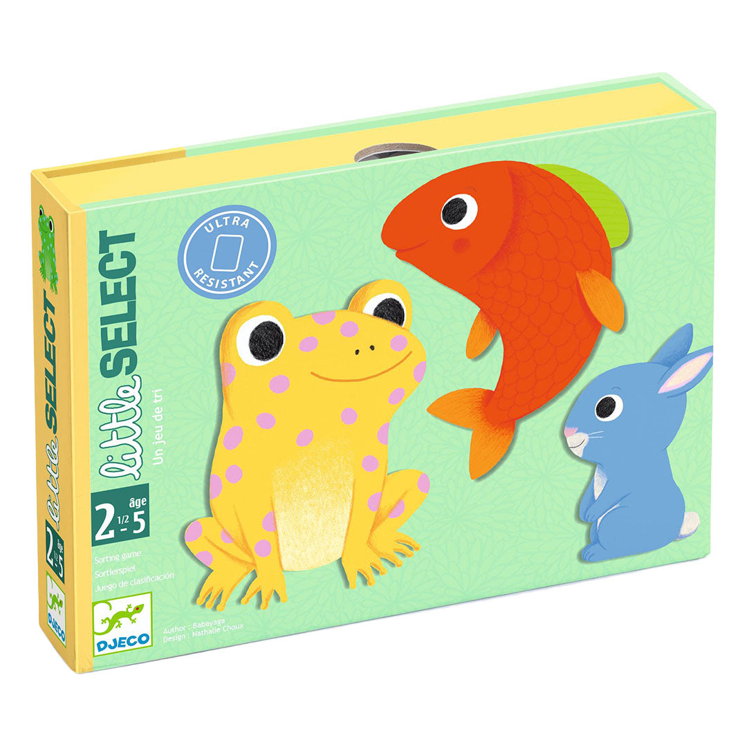 Djeco Little Select sorteerspel verpakking met een kikker, vis en konijn.