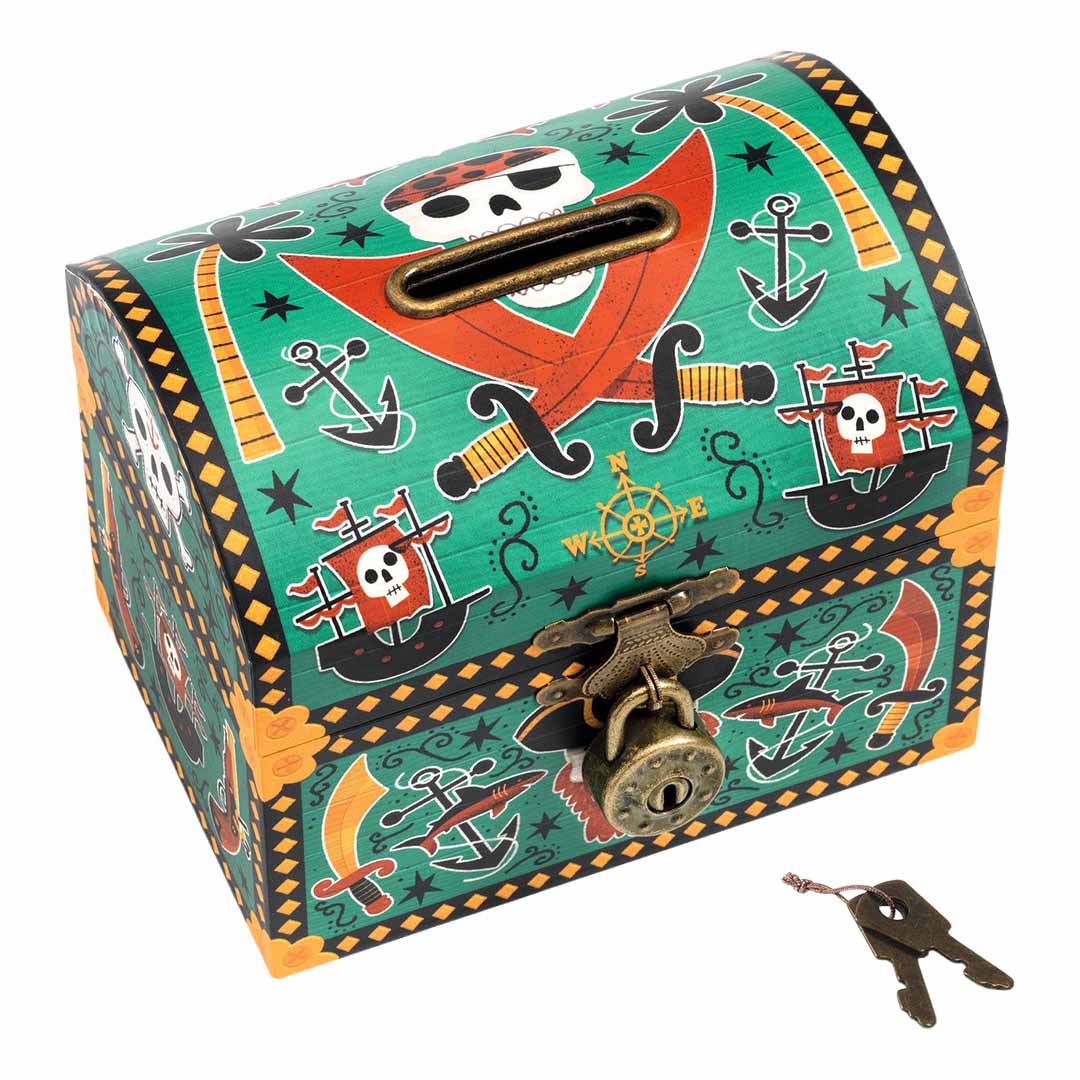 Djeco piraten spaarpot in de vorm van een schatkist met slot en sleutels.
