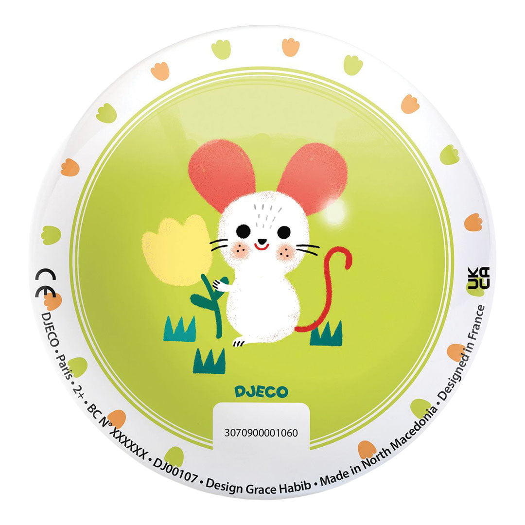 Achterkant van de Djeco speelbal met een witte muis en een gele bloem.