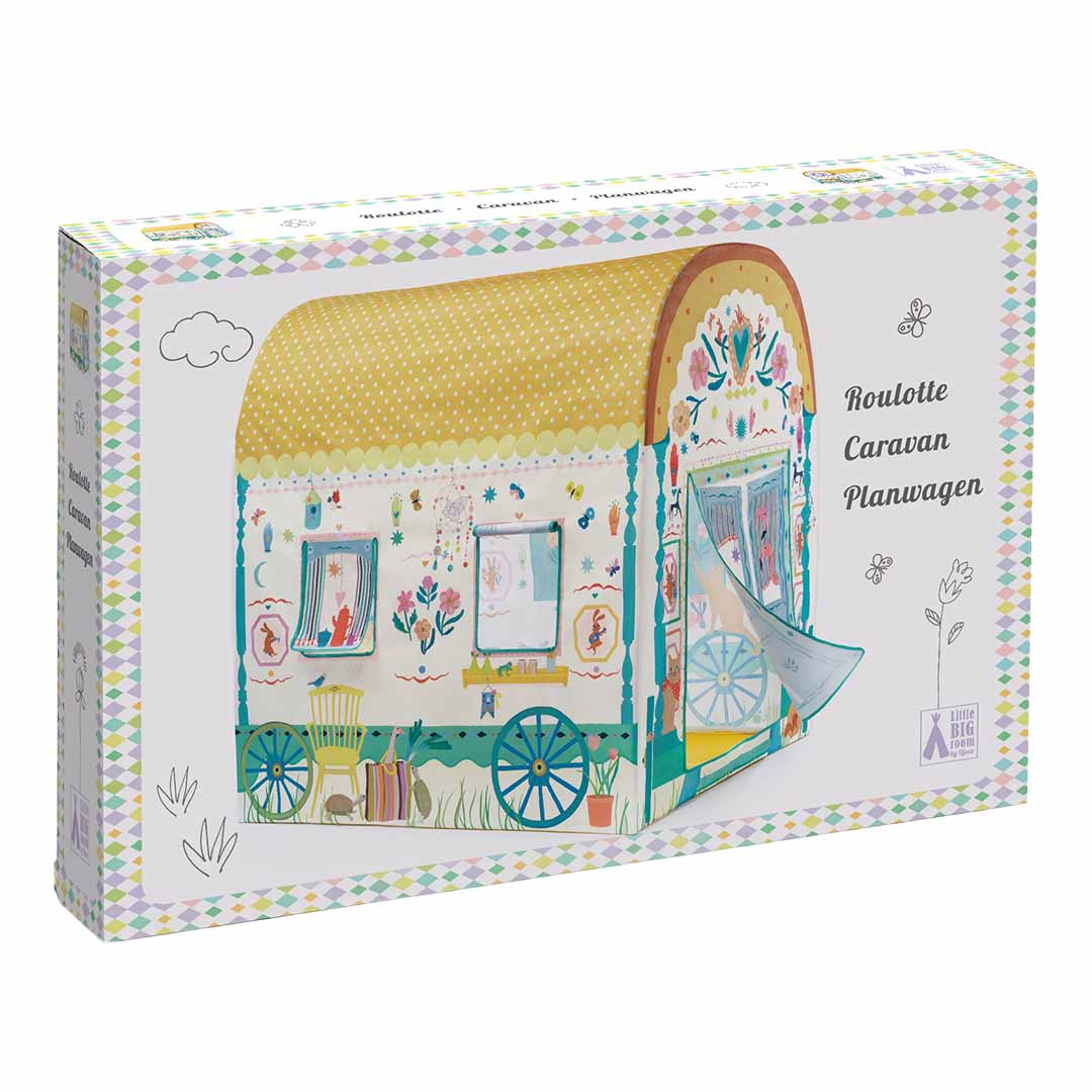 De verpakking van het Djeco speelhuis woonwagen met een illustratie van de caravan.