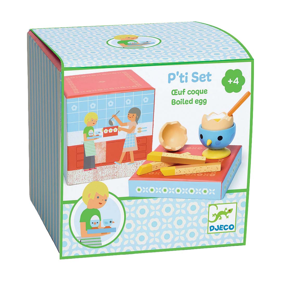 De verpakking van de Djeco P'ti Set speelgoedkeuken met een gekookt eitje, inclusief illustraties van spelende kinderen.