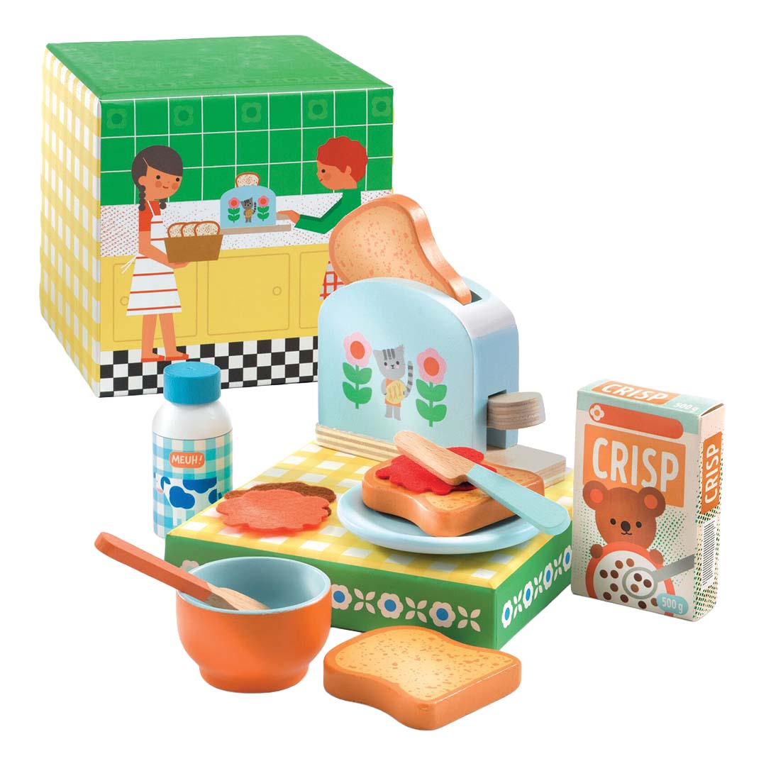 Djeco houten keukenspeelset met ontbijtthema, inclusief broodrooster, toast, beleg, melk en een kom.