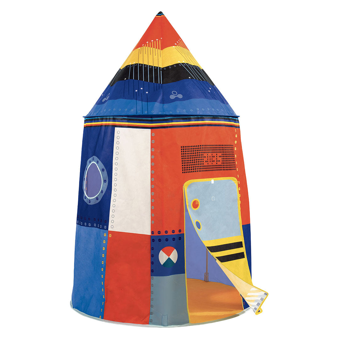 Djeco speeltent in de vorm van een kleurrijke raket met de ingang opgerold.