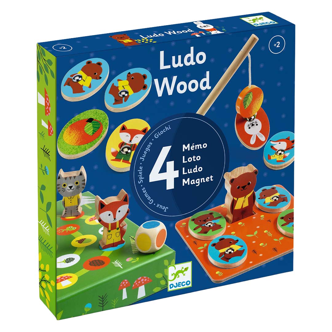 Djeco Ludo Wood 4-in-1 spelverpakking met bosdieren en spelelementen.