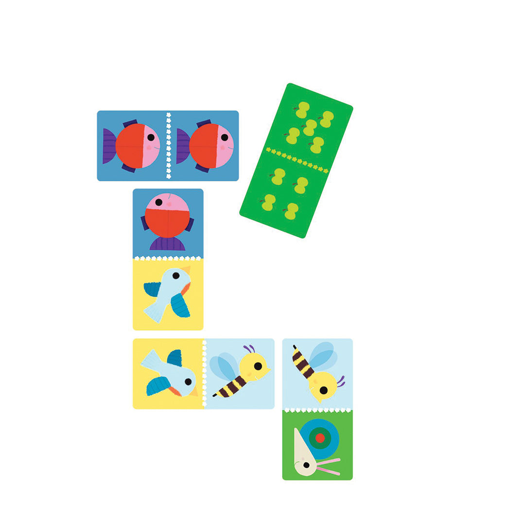 Djeco domino- en memokaarten met afbeeldingen van vissen, bijen, vogels en een slak.